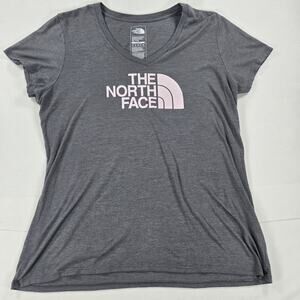 The North Face Logo Slim Fit Gray V-Neck Short Sleeve T-Shirt Women's Size XL